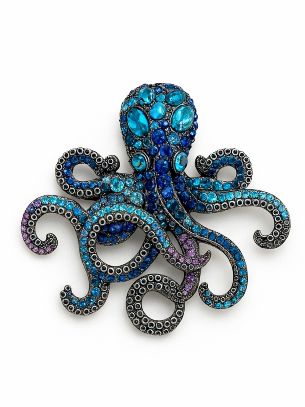 Blue and Teal Crystal Octopus Brooch